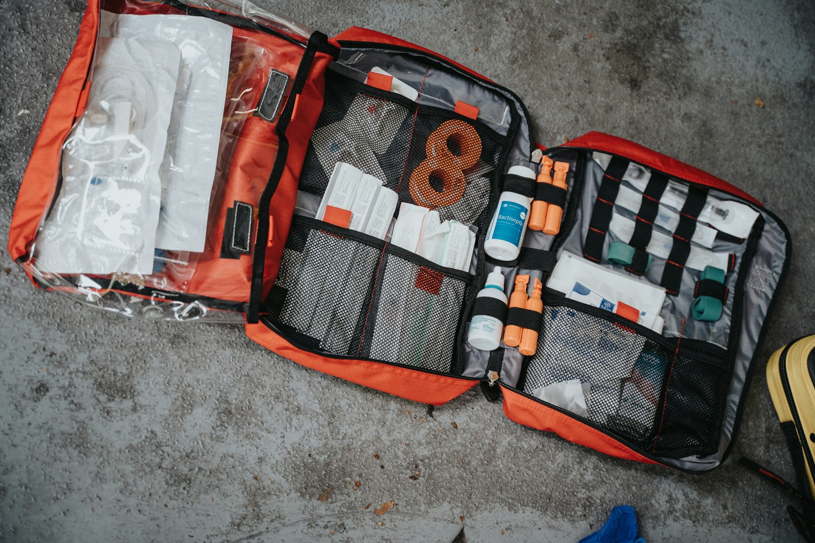 orange white and black bag, Emergency Kit